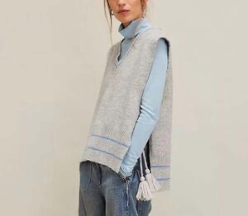 Free People Gray Striped Poncho Preppy Sweater Vest Size OS